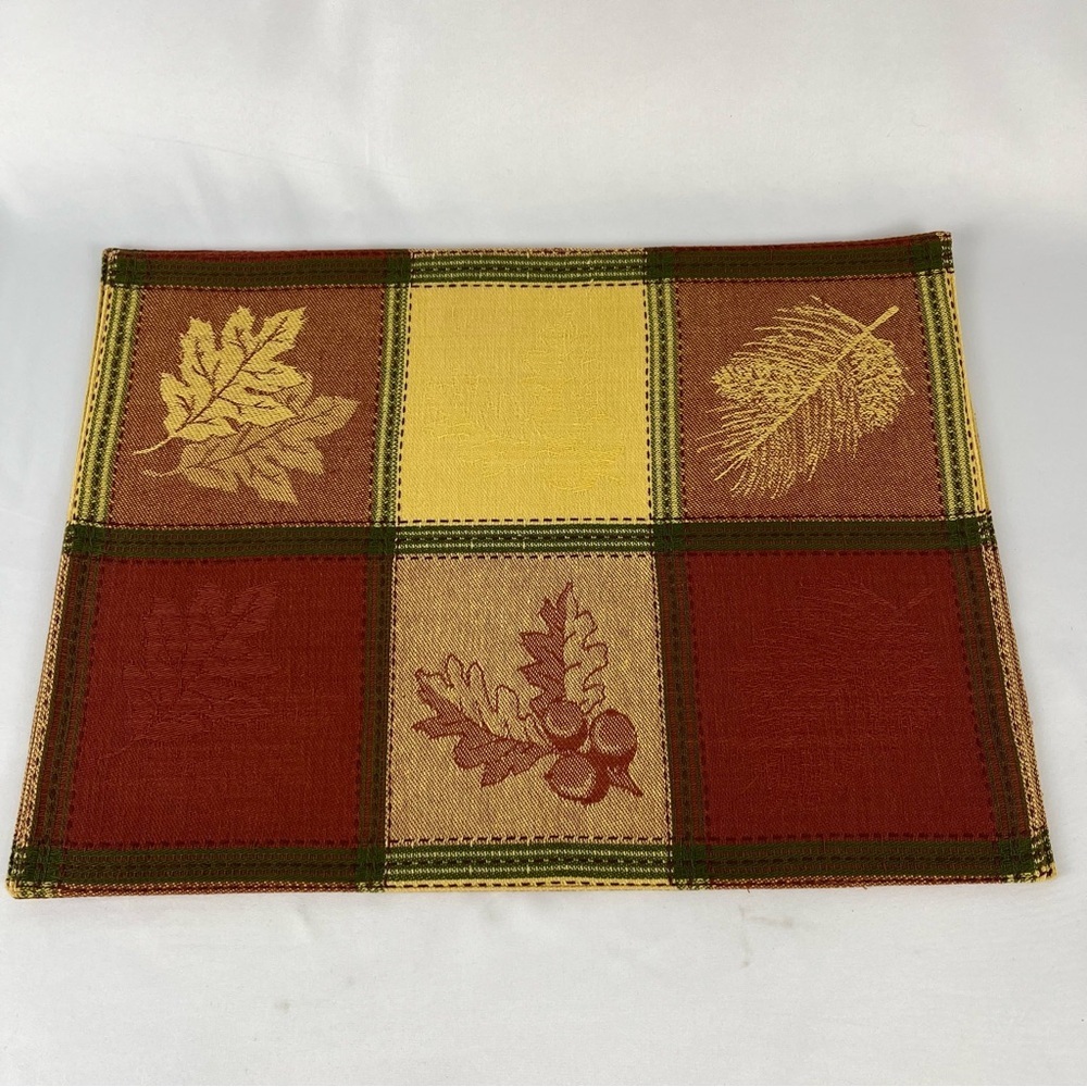 Pair of Placements (2) Damask Square Pattern with Leaves Muted Orange Yellow